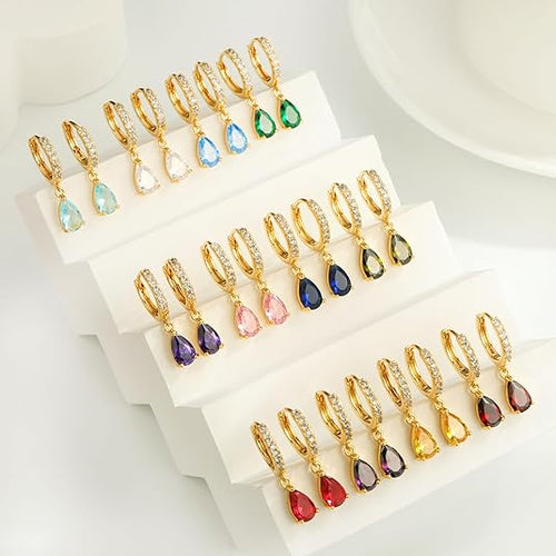 Dangle Earrings for Women Trendy 14K Gold Plated Hypoallergenic Drop Hoop Earrings Dainty Diamond Green Emerald Birthstone Huggie Earrings for Birthday Gifts